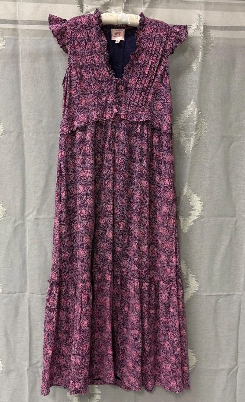 Banjanan Constance Maxi Dress Pink Purple Floral Cotton Ruffle Pockets Medium